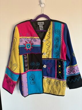 Vintage Indigo Moon Blazer Patchwork Embroidered Colorblock boho artsy